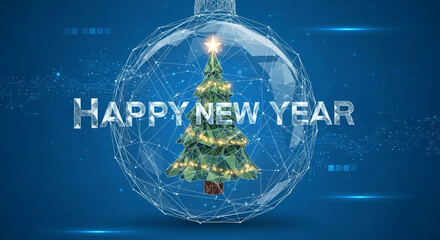 Wish a happy new year with a futuristic Christmas tree design, share holiday cheer with a modern digital greeting perfect for technology brands