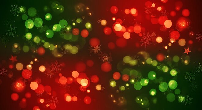 Abstract festive background with red and green bokeh lights and snowflakes