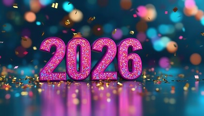 Sparkling pink glitter numbers 2026 illuminated by festive bokeh lights and confetti