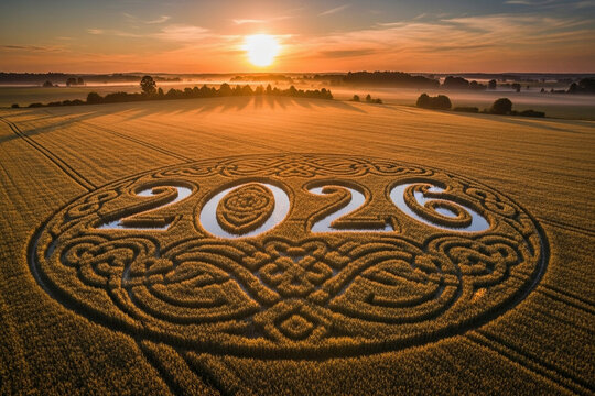 Aerial view of crop circle in field at sunrise showcasing the year 2026 new year celebration