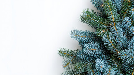 Obraz premium A section of a Christmas tree adorned in blue tones against a white background featuring space for writing text Christmas card. with copy space image. Place for adding text or design