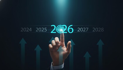 Finger touching glowing number 2026 on futuristic digital interface with upward arrows