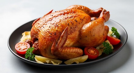 Roasted chicken with vegetables and lemon served on a plate