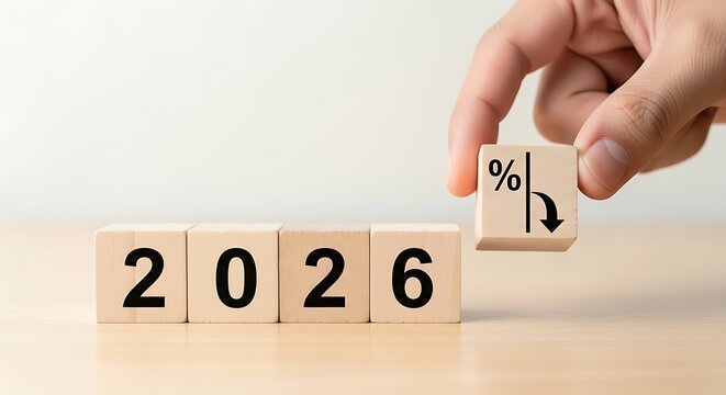 Hand placing wooden block with percentage and down arrow on 2026 calendar blocks