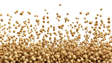 Small tan spheres suspended, partially filling a black background