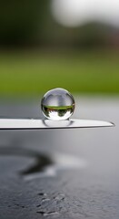A close-up of a reflective glass marble resting on a smooth surface with a blurred natural background, showcasing clarity and symmetry in a serene outdoor setting