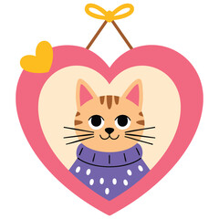 Cat portrait in heart shaped hanging frame isolated vector illustration on white background