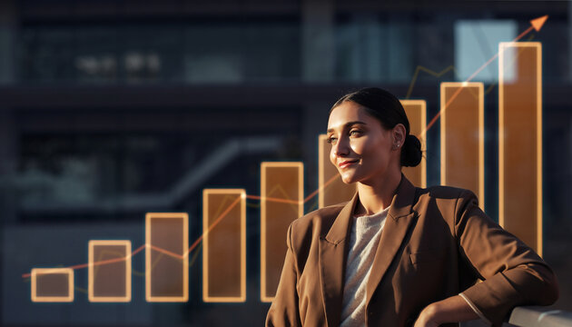 Confident young entrepreneur standing in front of glowing ascending bars cinematic lighting business growth success motivation professional urban background ambition