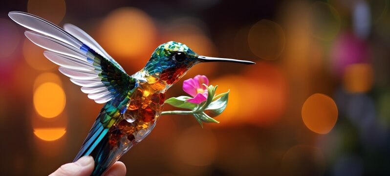 A humming bird , a small creature made of glass that is sitting in the palm of your hand,