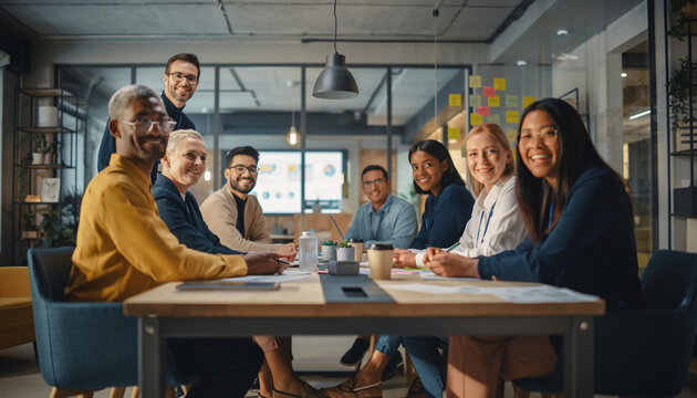 Diverse team smiling around modern office table during fintech strategy meeting, business professionals collaborating, creative workspace, positive corporate lifestyle, teamwork success