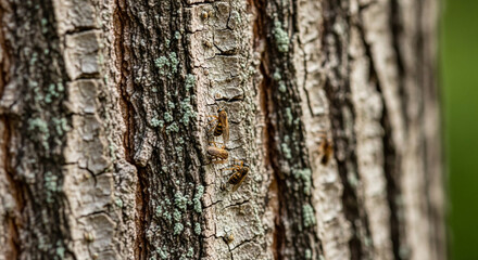 Fototapeta premium Intriguing close up reveals insects crawling on textured tree bark with mossy patches and a blurred green background creating natural detail