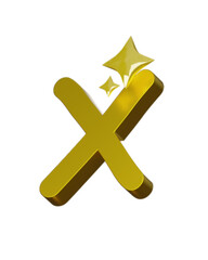 Obraz premium Golden shiny 3D letter X with sparkling stars, isolated on white background, digital illustration, graphic design, modern minimalistic style