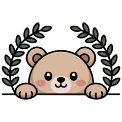 Cute bear peeking through leaves foliage isolated vector illustration on white background