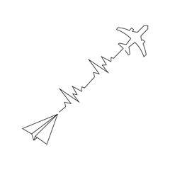 Airplane Path with Heartbeat Line Art Illustration