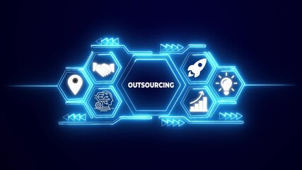 Outsourcing business strategy digital network with icons handshake location A I growth rocket - Powered by Adobe