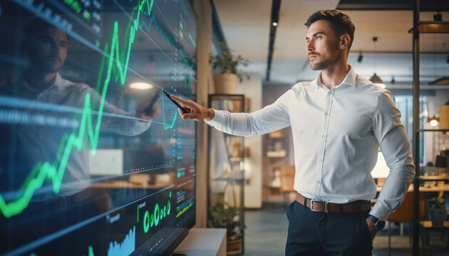 Businessman fintech manager presenting growth chart on digital screen modern office confident expression professional attire financial data analysis technology driven workspace