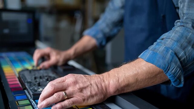 Medium shot focusing on a technician calibrating CMYK color profiles as they transfer printed graphics to a screen ensuring accurate color reproduction.