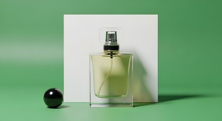 A minimalist composition featuring a perfume bottle with a spray nozzle, a black spherical object, and a white rectangular backdrop on a vibrant green surface