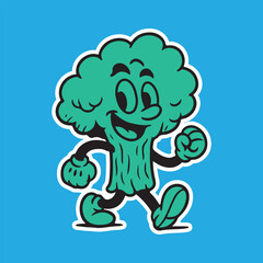 Cheerful broccoli character strutting with playful confidence on a vibrant blue background, perfect for healthy eating campaigns and fun food promotions