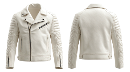 Cream biker jacket front & back view, quilted sleeves, zipped closure