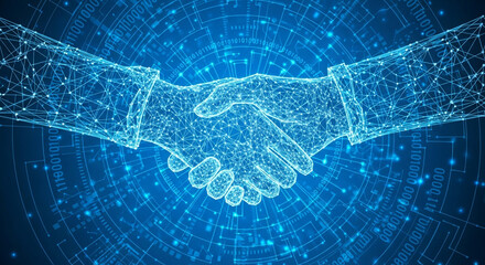 Dynamic digital handshake symbolizing global partnership and technological collaboration in a futuristic network environment
