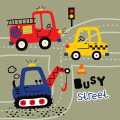 Cartoon fire truck taxi car and excavator on busy street with traffic light and road elements playful children design. Kids concept