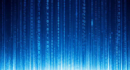 Dynamic digital stream of cascading binary code in vibrant blue hues, representing technology and data flow