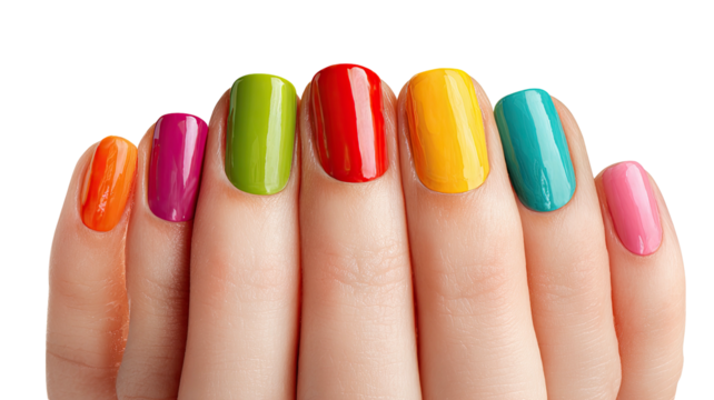 Colorful manicured fingers against a black background