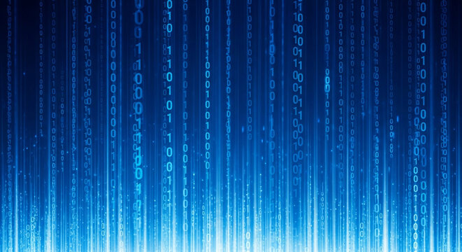 Dynamic digital stream of cascading binary code in vibrant blue hues, representing technology and data flow