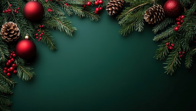 A festive arrangement of holiday decorations featuring pine branches, red ornaments, and pinecones against a dark green background. - Powered by Adobe
