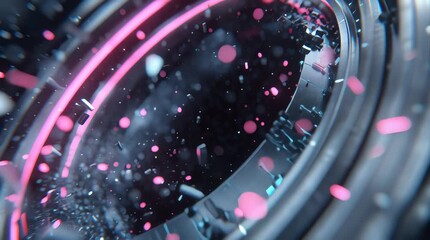 Close-up of a metallic object with pink and blue particles swirling around it, creating a dynamic and futuristic scene with a dark background, suitable for various design applications with - Powered by Adobe