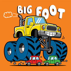 Cartoon yellow monster truck with giant wheels driving over small cars in playful children design. Kids concept
