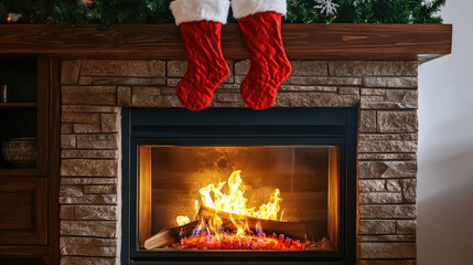 Vertical frame of a cozy fireplace with a crackling fire and a pair of Christmas stockings hung above it