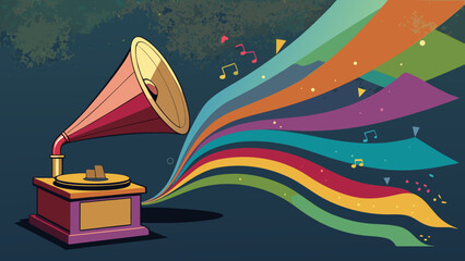 Cartoon vintage gramophone with colorful, swirling sound waves and musical notes emanating from the horn. A fun, retro graphic representing music, classic sound, and creative audio design.