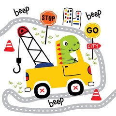 Cartoon dinosaur driving yellow tow truck with crane hook on road surrounded by city traffic signs and cones playful children design. Kids concept