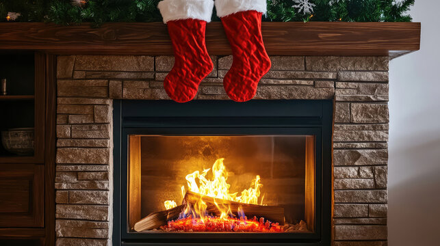 Vertical frame of a cozy fireplace with a crackling fire and a pair of Christmas stockings hung above it