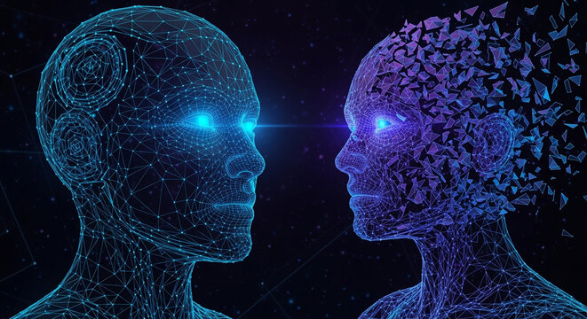 Futuristic digital beings connect, representing AI, data, and the evolution of consciousness in a cosmic digital landscape