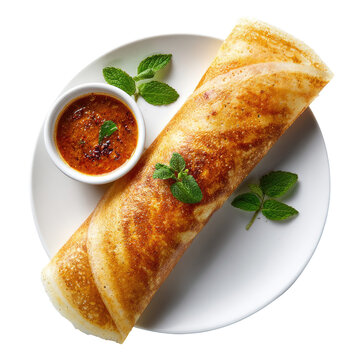 Rolled dosa on white plate, side of chutney, topped with mint leaves