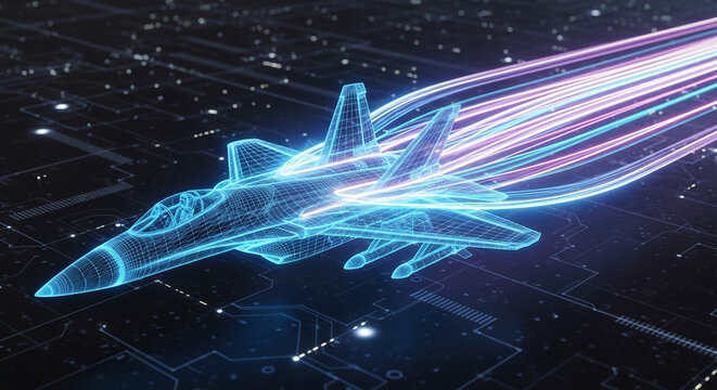 Futuristic fighter jet wireframe in motion, glowing with digital speed and advanced technology on a circuit board background