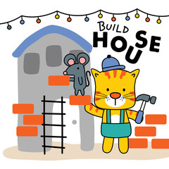 Cartoon tiger wearing overalls building brick house with hammer mouse helper and ladder playful children design. Kids concept