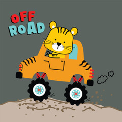 Cartoon tiger driving orange off road truck with big wheels on dirt ground playful children design. Kids concept