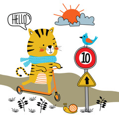 Cartoon tiger riding orange scooter on countryside road with scarf sunshine bird and snail playful children design. Kids concept