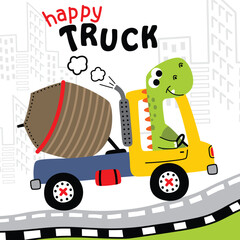 Cartoon dinosaur riding cement mixer truck on city street playful children design. Kids concept