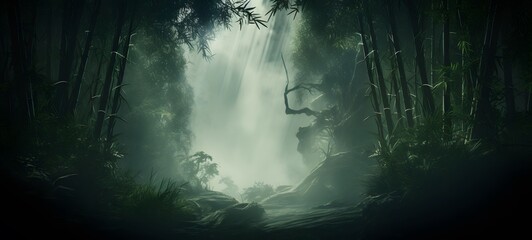 a light bamboo forest , coming out of the smoke,generative AI