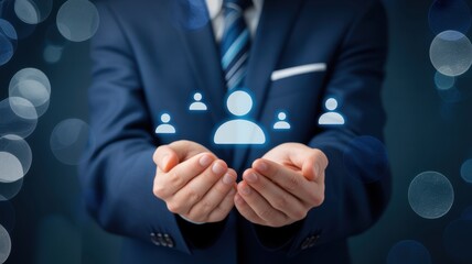 Human Resources: A businessman in a suit, his hands gently cradling glowing avatars representing employees, symbolizes a dedication to human resources and recruitment.