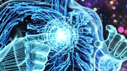 Digital human form depicts body's neural network, with glowing blue circuits and wireframe hands - Powered by Adobe