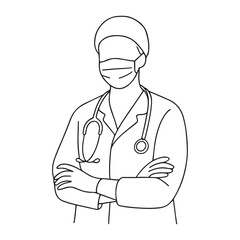 Dedicated healthcare worker standing with arms crossed, wearing mask and stethoscope offering reassurance and professional medical expertise in a simple line art