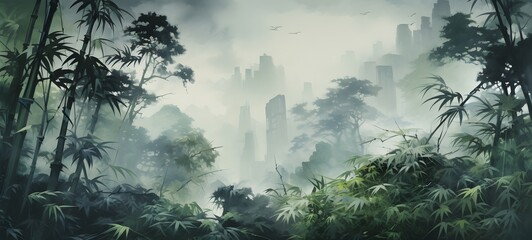 a light bamboo forest , coming out of the smoke,generative AI