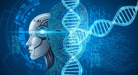 AI intelligence meets human biology with DNA helix and circuit patterns, representing future innovation and scientific discovery