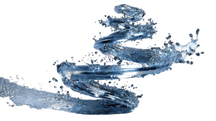 Curving, spiraling water plume against a stark black backdrop